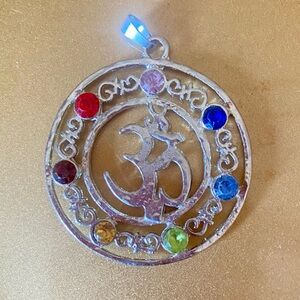 - Ohm yoga symbol with 7 charka stone colors on silver large pendent necklace  …